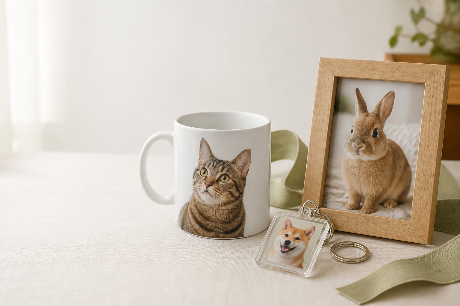 猫の写真入りマグ、犬の写真キーホルダー、うさぎの写真フレームを並べた贈りものの企画イメージ